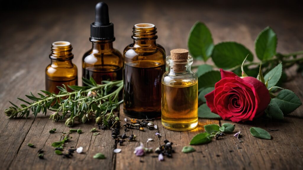 Generic Essential Oils in Small Glass Bottles on a Rustic Wood Table With A Rose and Some Rosemary